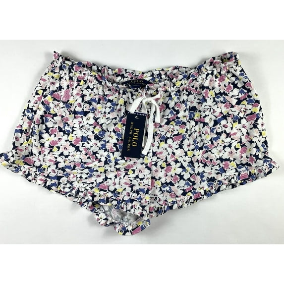 Polo Ralph Lauren Women’s NAVY FLORAL Large Shorts Ruffled Drawstring Cotton, Size Large