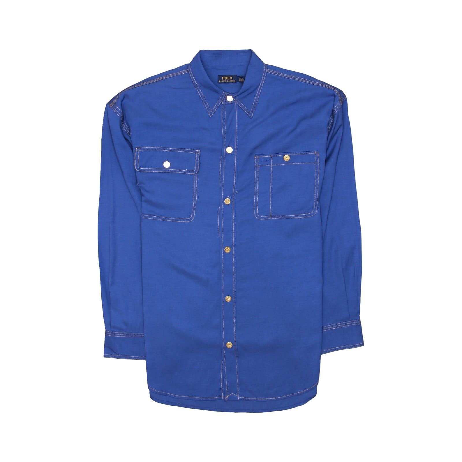 Polo Ralph Lauren Womens Gold Stitching & Buttons Down Shirt (Large, Blue)  