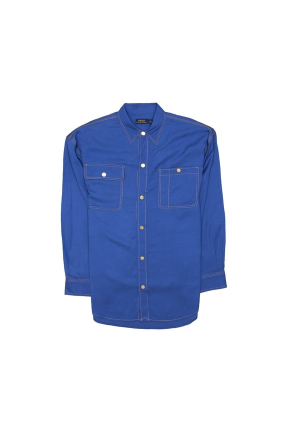 Polo Ralph Lauren Womens Gold Stitching & Buttons Down Shirt (Large, Blue)