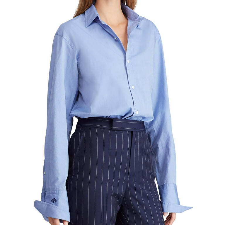 Polo Ralph Lauren Womens Monogram Cotton Shirt Blouse (10, Blue) 