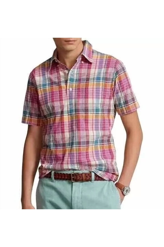 men's Classic Fit Plaid Short Sleeve Placket Shirt Medium M