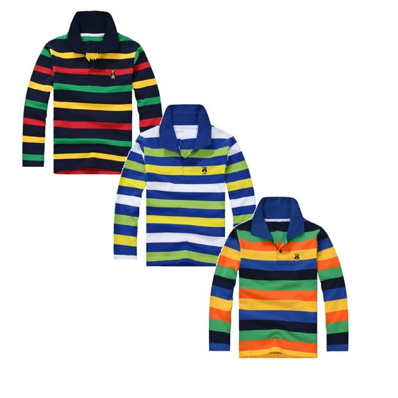Polo Shirt for Boys 11-12 Years Long Sleeve Striped Shirt Button Closure School Uniform Tee Big Boys Cotton Breathable Fabric Polo Rugby Shirt Tops 3 Pieces