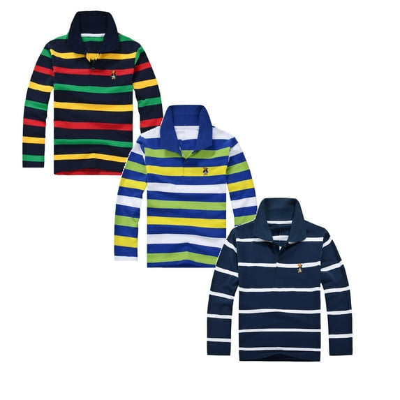 Polo Shirt for Boys 3-4 Years Long Sleeve Striped Shirt Button Closure School Uniform Tee Big Boys Cotton Breathable Fabric Polo Rugby Shirt Tops 3 Pieces