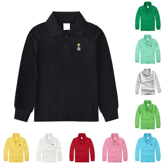 Polo Shirt for Boys Girls Quick Dry Lightweight Long Sleeves Collared Golf Tshirts Back To School Stylish Print School Uniform T-Shirts Black 9-10 Years