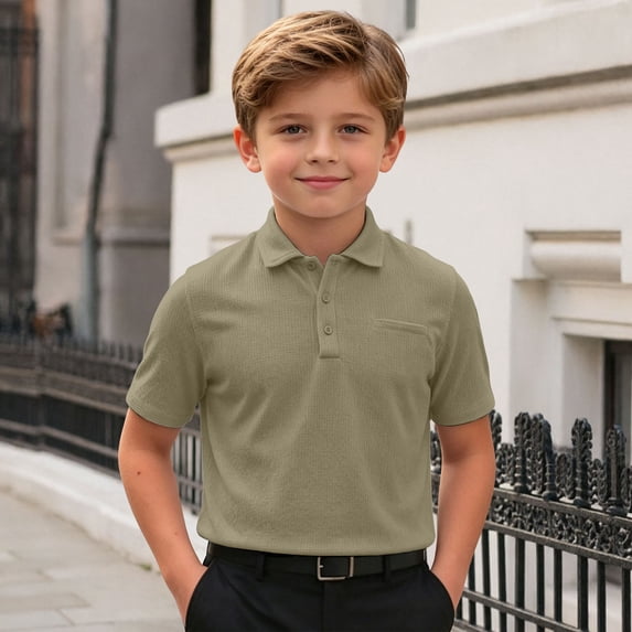 Polo Shirt Boys Pocketless Mesh Short Sleeve Boy Khaki Button down Shirt Back to School Shirt Kids Summer Casual Shirts, Size 3-14 Years