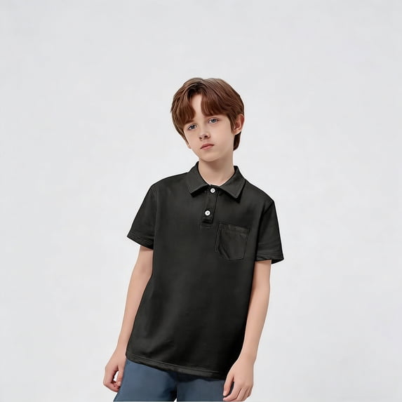 Polo Shirt Boys Short Sleeves Kids Black Button down Shirt Collared Shirt Uniform Shirts for Boys Tee Tops Clothes 9-10 Years
