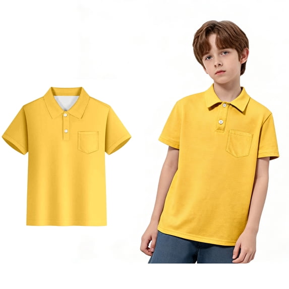 Polo Shirt Boys Short Sleeves Kids Yellow Button down Shirt Casual Collared Shirt School Uniform Shirts Casual Blouse Tops Pullover 13-14 Years