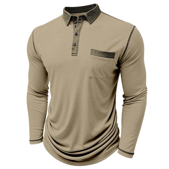 Polo Shirt Men Long Sleeve Button Polo Tees Basic Beige Men Casual Shirt
