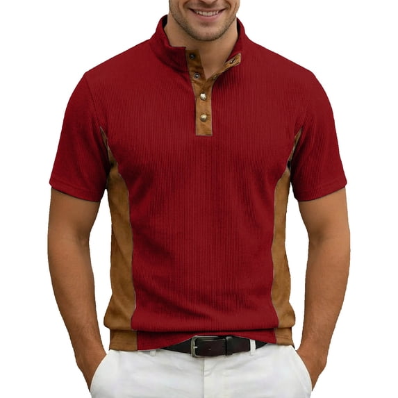 Polo Shirt Men Short Sleeve Quarter Button Up Tee Shirt Slim Fit Red Polo Dress Shirts for Men