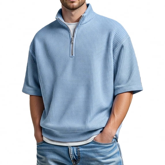 Polo Shirt Men Short Sleeve Quarter Zip Tees Shirt Lightweight Blue Mens Clothing
