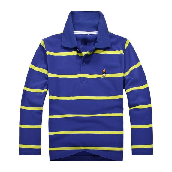 Polo Shirt for Boys Long Sleeve Striped Color Oversized Rugby Shirts Comfortable Fabric Button Down Thermal Casual Kids Clothing Dark Blue 7-8 Years