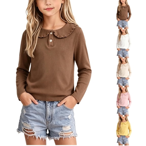 Polo Shirt for Girls Peter Pan Collar Ruffle Trim Long Sleeve Tops Kids