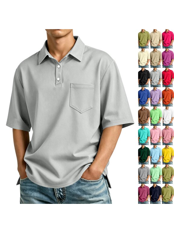 Polo Shirt for Men Relaxed Fit Short Sleeve Collared Work Top Comfy Business Daily Button Placket Casual Tee with Chest Pocket Light Gray 3XL