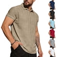 thumbnail image 1 of Polo Shirt for Men Textured Vertical Ribbed Knit Short Sleeve Casual Stylish Collared Summer Solid Color Tee, #01 Khaki, L, 1 of 6
