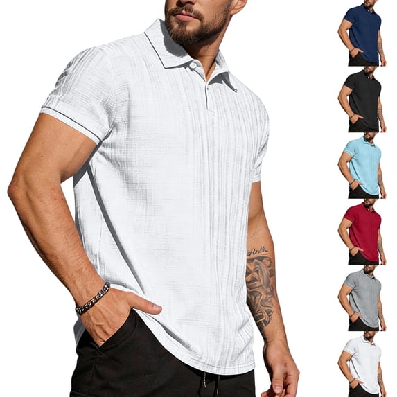 Polo Shirt for Men Textured Vertical Ribbed Knit Short Sleeve Casual Stylish Collared Summer Solid Color Tee, #01 White, 3XL