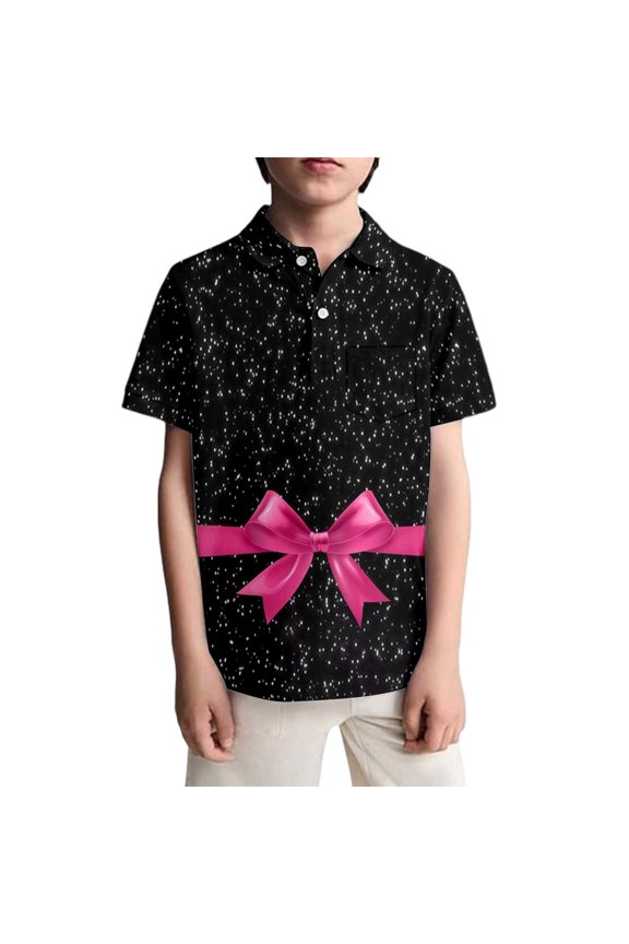 Polo Shirts For Boy Casual Bow Polka Dot Pattern Short Sleeve Collared Golf Shirts For Boy Black 5 Y-6 Y