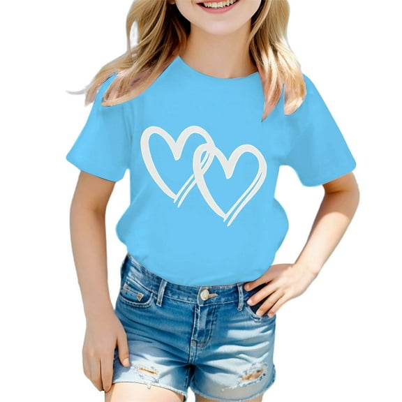 Polo Shirts For Girls 12-14 Kid Girls Cute Graphic Round Neck Short Sleeve Tee Summer Casual T Shirt Blue, 11-12 Years