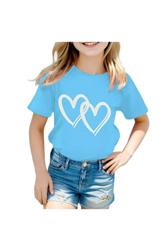 Polo Shirts For Girls 12-14 Kid Girls Cute Graphic Round Neck Short Sleeve Tee Summer Casual T Shirt Blue, 11-12 Years
