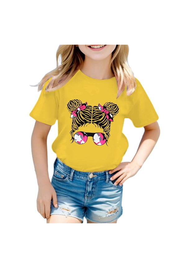Polo Shirts For Girls 12-14 Kid Girls Cute Print Graphic Round Neck Short Sleeve Tee Summer Casual T Shirt Tops Yellow, 11-12 Years