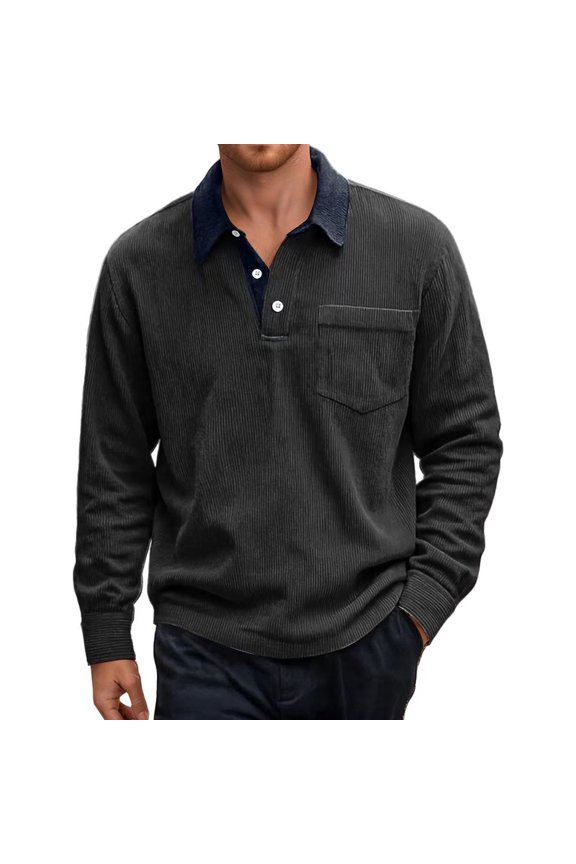 Polo Shirts For Men Corduroy Button Down Pocket Long Sleeve With Contrast Business Male Tees