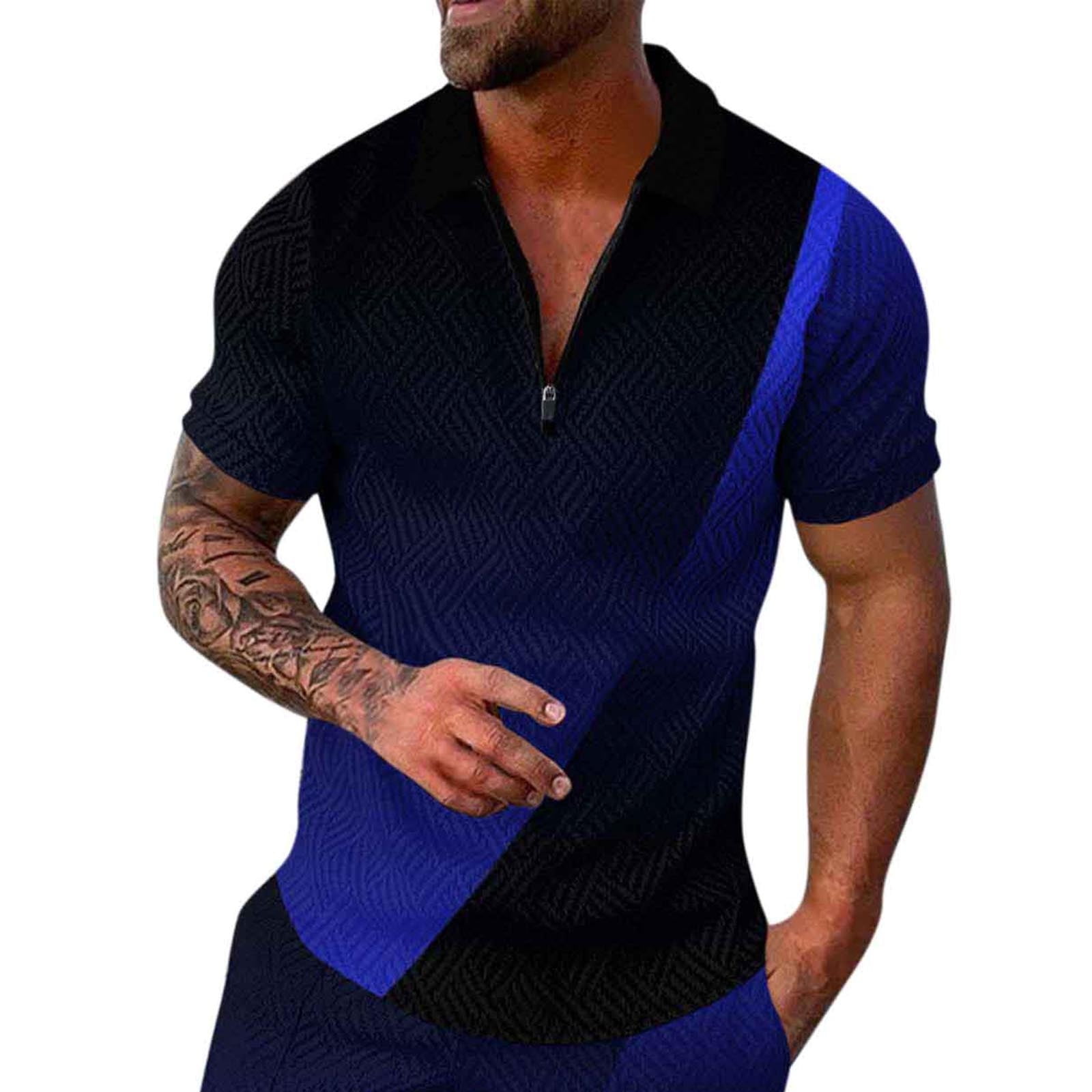 Polo Shirts For Men Male Casual Print Zipper Turn Down Collar Blouse ...