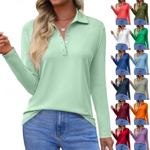 Polo Shirts For Women Business Casual Fall Long Sleeve Lapel Collar Golf Tops Button Down Blouses Plus Size,Mint Green L