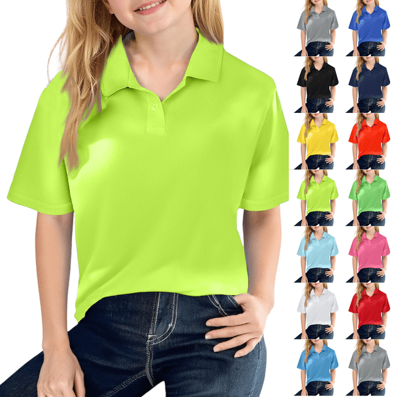 Polo Shirts Girls Short Sleeve School Uniform Shirt Classic Color Button Down Top Comfortable Tee 6-11 Years Fluorescent Green 110