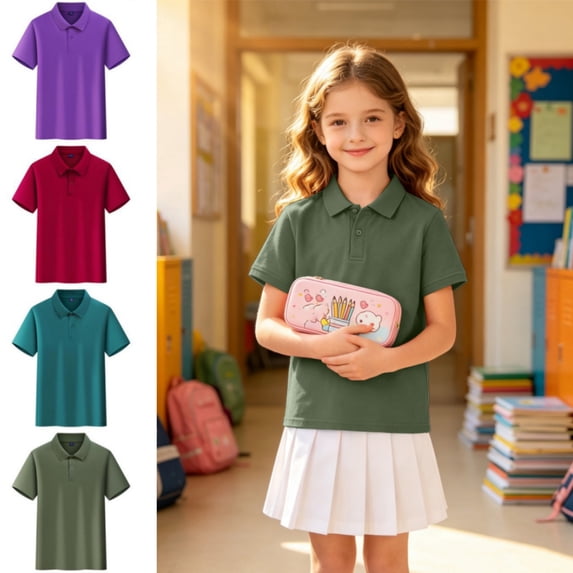 Polo Shirts Kids School Uniform Loose Fit Back To School Short Sleeve Button Up Tee Shirts Comfort Solid Color Pullover for Boys & Girls Army Green 8-9 Years