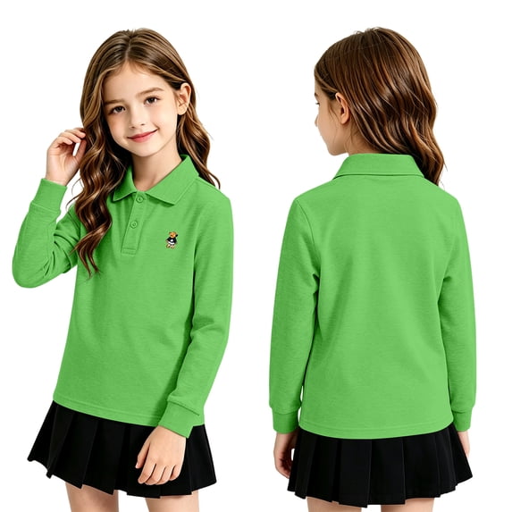Polo Shirts Kids School Uniform Relaxed Fit Back To School Long Sleeve Collared T Shirts Solid Color Pullover for Boys & Girls Light Green 9-10 Years