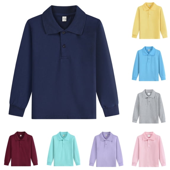 Polo Shirts Kids School Uniform Relaxed Fit Back To School Long Sleeve Collared T-Shirts Solid Color Pullover for Boys & Girls Navy 4-5 Years