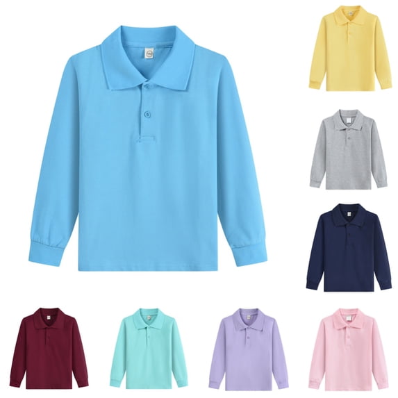 Polo Shirts Kids School Uniform Relaxed Fit Back To School Long Sleeve Collared Tee Shirts Solid Color Pullover for Boys & Girls Blue 3-4 Years