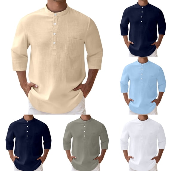 Polo Shirts for Men 3/4 Sleeve Loose Stand Collar Pullover T Shirt Buttons Summer Fall Casual Comfortable Streetwear Business Mens Polo Shirts Khaki L