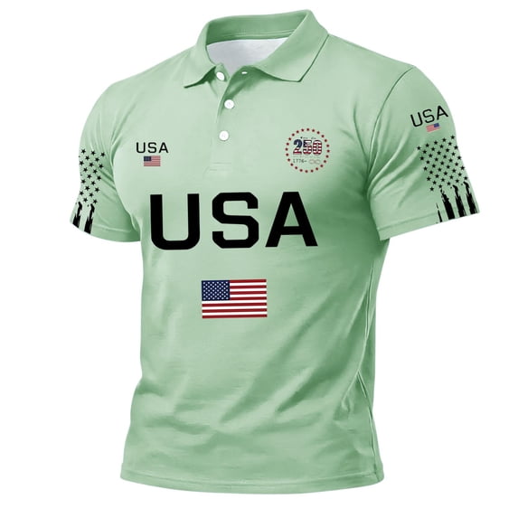 Polo Shirts for Men American Flag Print V Neck Short Sleeve Lapel Collar T-Shirt Fourth Of July Patriotic Star Relaxed Fit Workwear Tops, XL, #01 Light Green