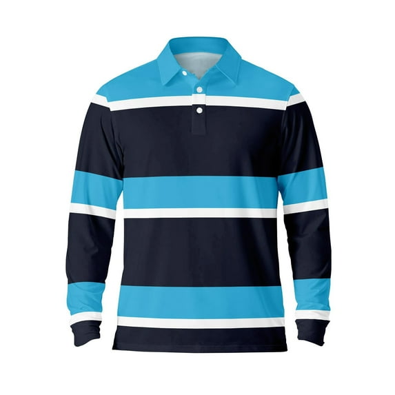 Polo Shirts for Men Button Down Collared Business Long Sleeve Color Block Striped Golf Shirt Fall Winter Warm Casual Breathable Tops Sky Blue M