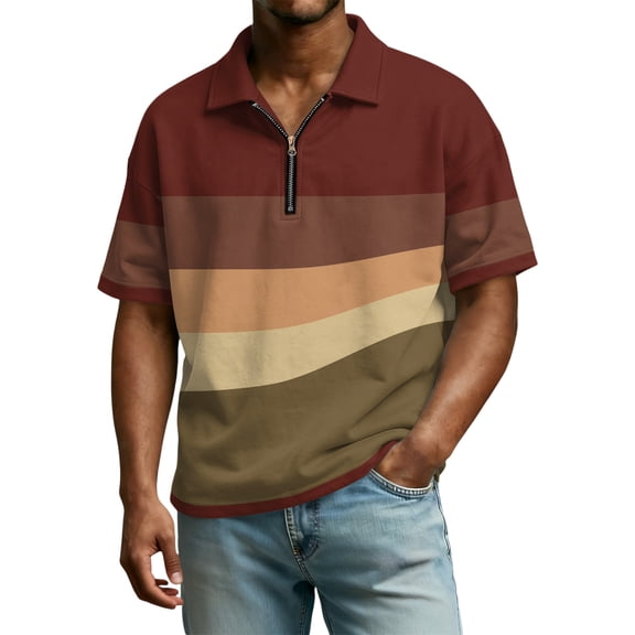 Polo Shirts for Men Casual Quarter Zip Striped Henley Shirts Regular Fit Short Sleeve T Shirt Fashion Work Lapel Collared Pullover Tops OIOLOYJM Wine S