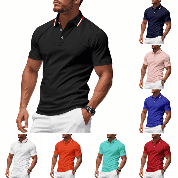 Polo Shirts Men Casual Trendy Short Sleeve Collared Tshirts Summer Business Active Classic Fit Solid Color Golf Shirts Black M