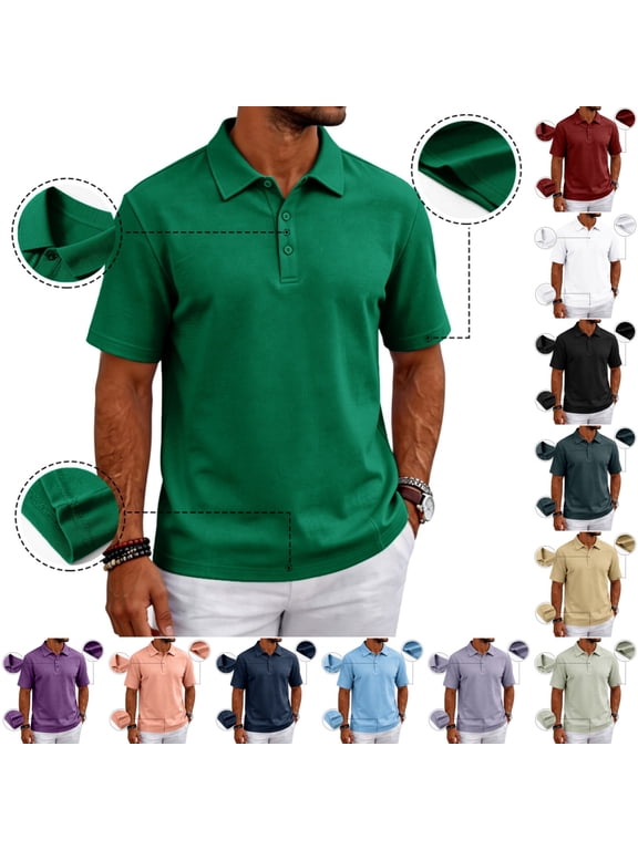 Polo Shirts Men Cotton Pique Short Sleeve 3 Buttons Collared Golf Shirts 2026 Summer Business Casual Moisture Wicking Performance T-Shirt Dark Green M