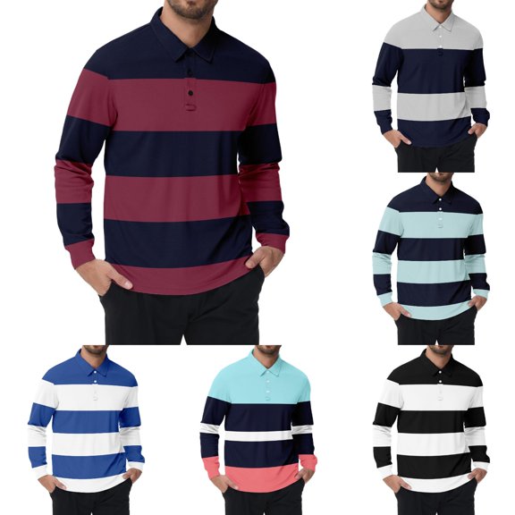 Polo Shirts for Men Long Sleeve Slim Fit Button Down Striped Color Block Tops Breathable Moisture Wicking Fall Winter Casual Golf Sports Mens Polo Shirts Red XL