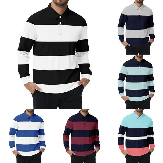 Polo Shirts for Men Long Sleeve Slim Fit Button Down Striped Color Block Tops Breathable Moisture Wicking Fall Winter Casual Golf Sports Mens Polo Shirts White XXXL