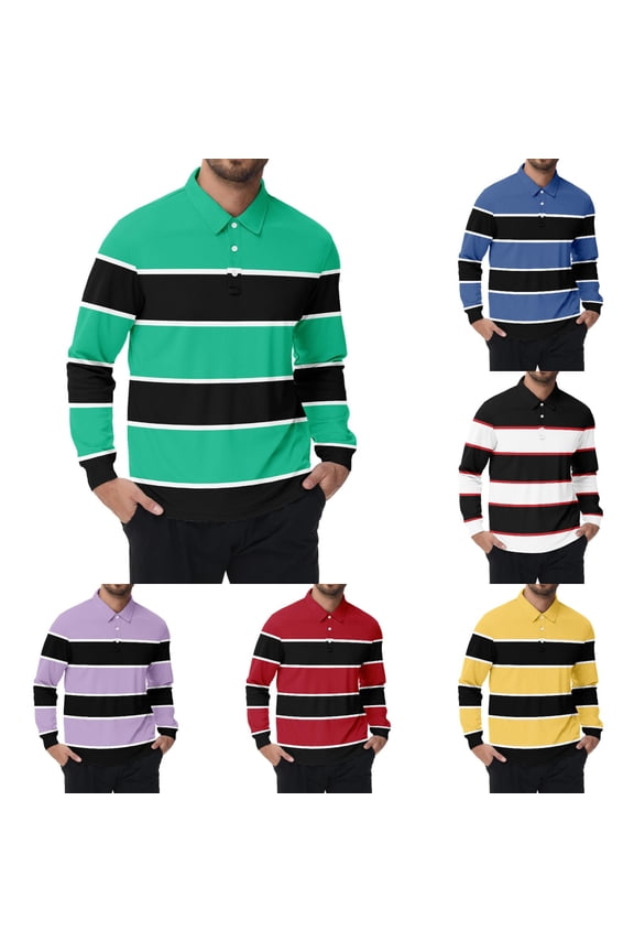 Polo Shirts for Men Long Sleeve Slim Fit Casual Button Down Striped Color Block Tops Breathable Moisture Wicking Fall Winter Golf Sports Mens Polo Shirts Green M