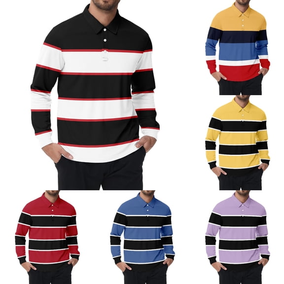 Polo Shirts for Men Long Sleeve Slim Fit Casual Button Down Striped Color Block Tops Breathable Moisture Wicking Fall Winter Golf Sports Mens Polo Shirts White XXXL