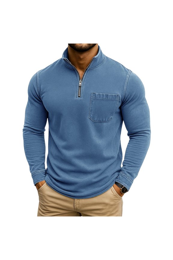 Polo Shirts for Men,Men's Fashion Color Retro Casual Washed Outdated Quarter Zipper Pocket Long Sleeve T-Shirts Tops,Fashion Comfortable Casual Tops for Daily Wear