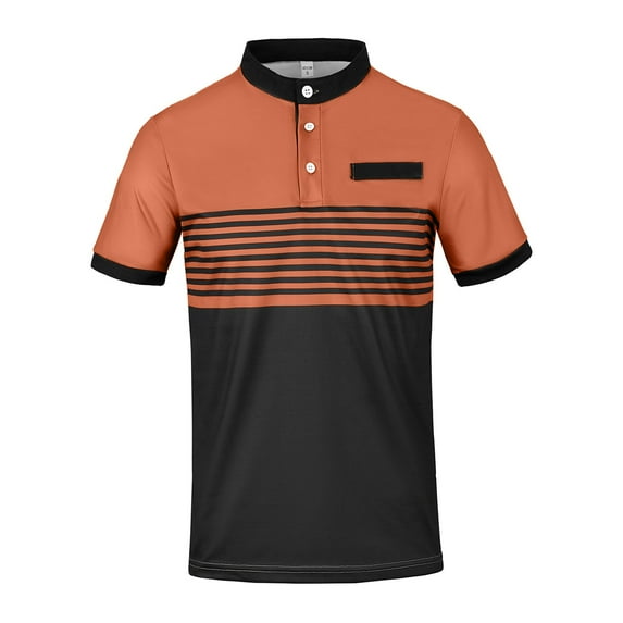 Polo Shirts Men Slim Fit Polo Stripes Shirts Ribbed Lapel Button Business Color Block T Shirt Men's Button Down Shirts Orange XXXL
