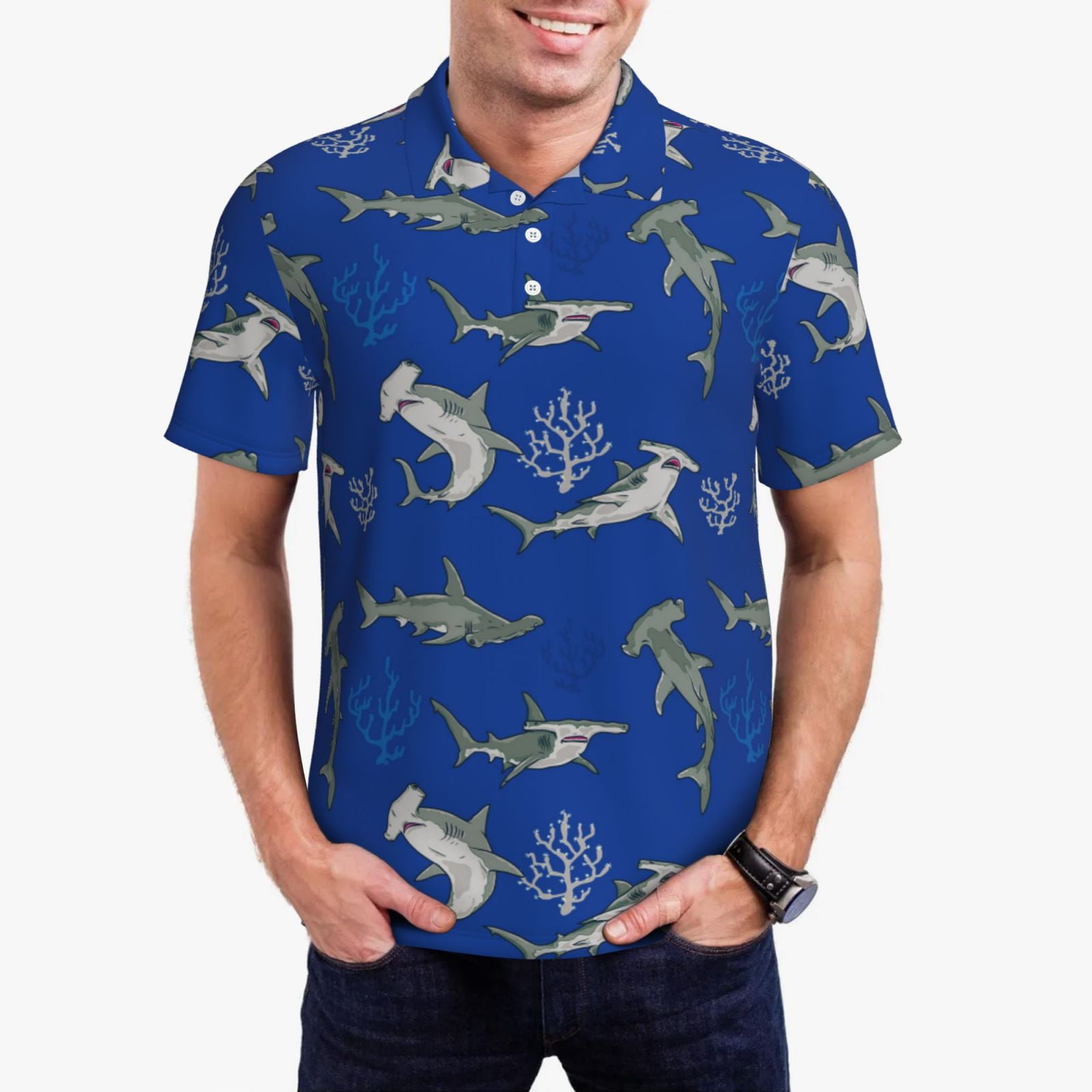 Polo Shirts for Men - Undersea coral hammerhead shark Soft Comfort ...