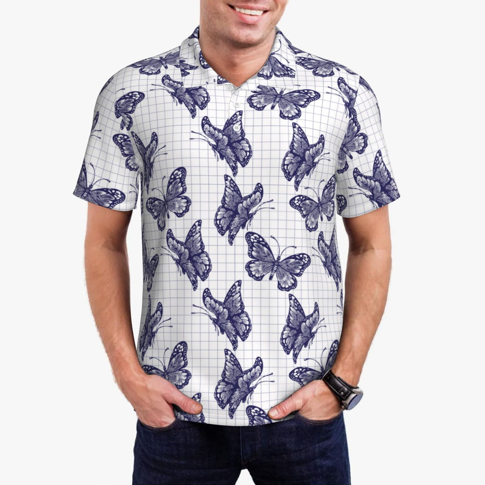 Polo Shirts for Men - purple inky butterfly checkered Soft Comfort ...