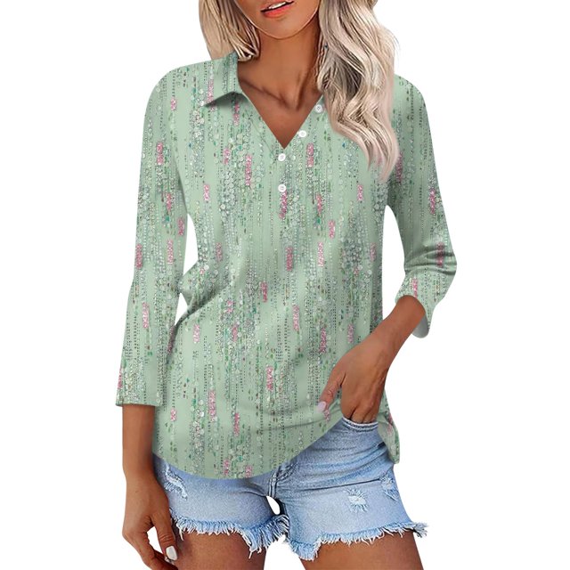 Polo Shirts for Women 2024 3/4 Sleeve VNeck Button Down Blouse Tops