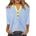 thumbnail image 1 of Polo Shirts for Women, Machine Wash Wrinkle-Resistant Travel Blouse 3/4 Sleeve Button Detail Polyester Top Women's 2025 Striped V-Neck Tshirt Beach Party Casual Chic Tops Blue M, 1 of 4