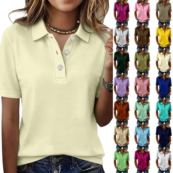 Polo Shirts Womens Short Sleeve V Neck Business Casual Tops Golf Collared 3 Buttons Summer Work Blouse Beige M