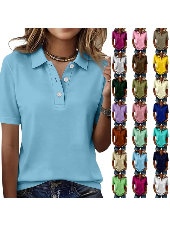 Polo Shirts Womens Short Sleeve V Neck Business Casual Tops Golf Collared 3 Buttons Summer Work Blouse Light Blue L