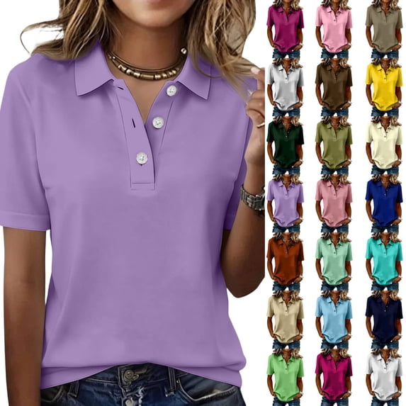 Polo Shirts Womens Short Sleeve V Neck Business Casual Tops Golf Collared 3 Buttons Summer Work Blouse Purple L